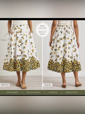 Her Destiny Women’s M 100% Cotton Lemon Print Button Front Full Midi Skirt.